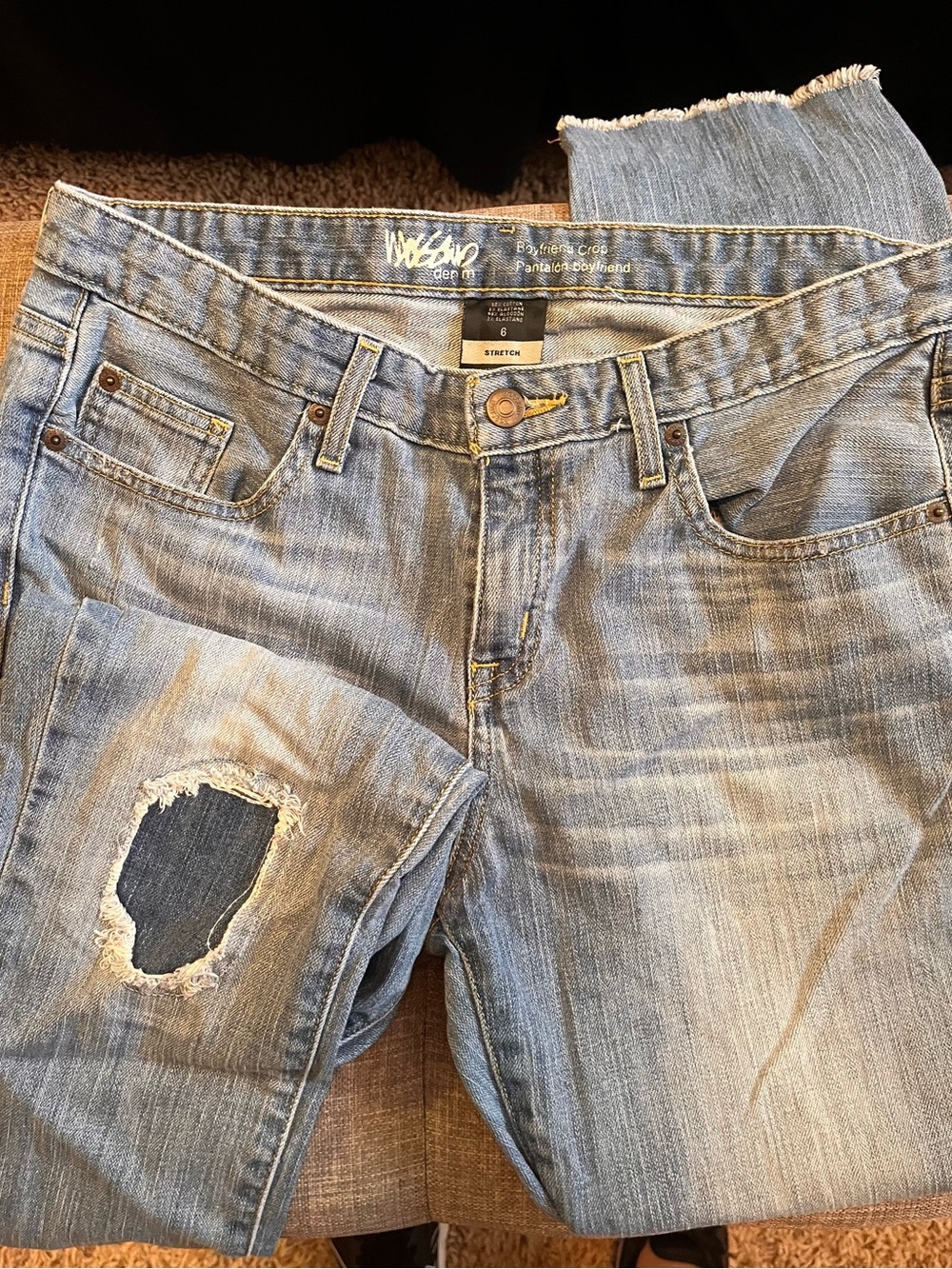 Mossimo Supply Co. Distressed Stretch Boyfriend Crop Jeans with Patch Detail